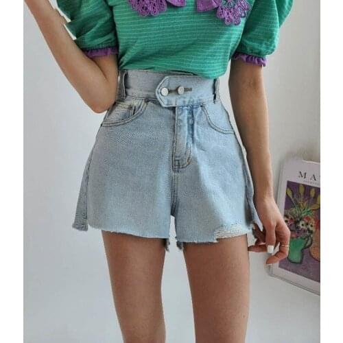 Denim Shorts Women Blue Vintage Double Buttons Ripped Edges Pants Summer Female Streetwear Shorts Jeans Feminino Pantalones