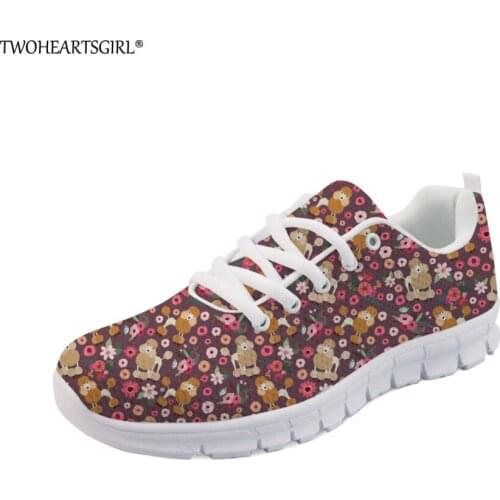 Twoheartsgirl Brown Poodle Flower Lace-up Shoes Breathable Women Summer Mesh Walking Shoes Personalized Femme Ladies Sneakers