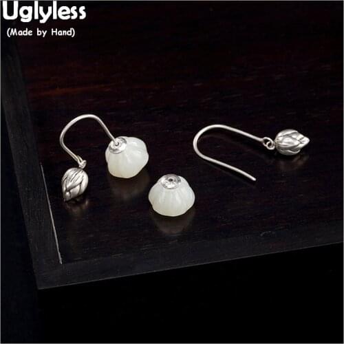 Uglyless Handmade Lotus Earrings for Women Detachable Flower Fine Jewelry Natural Gemstones White Jade Earrings Solid 925 Silver