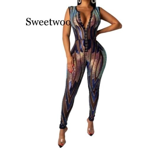 Sexy Bodysuit Plus Size Positioning Sequin Jumpsuit Elastic V Neck Rompers Jumpsuits for Women 2020 Women Streetwear Overalls