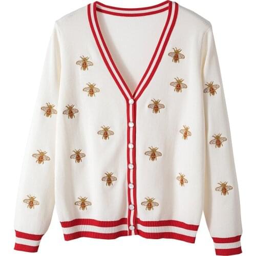 New Spring And Autumn Bee Tattoo Embroidery Long-Sleeved Cardigan Single Row Contrast Button Knitted Fashion Women