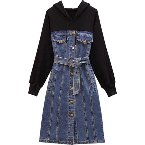 PERHAPS U Women Black Red White Hooded Long Sleeve Cotton Denim Patchwork Sash Button Knee Length Dress Spring Autumn D2231