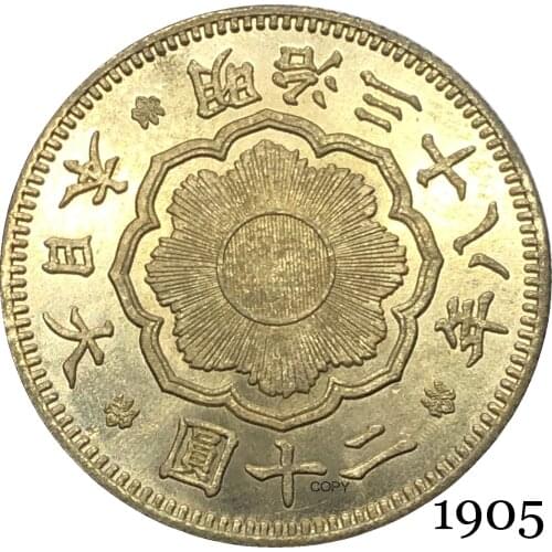 Great Japan 1905 20 Yen Meiji 38 Year Gold Coin Brass Metal Paulownia Flower Coat Of Arms Emperor Royal Seal Copy Coins