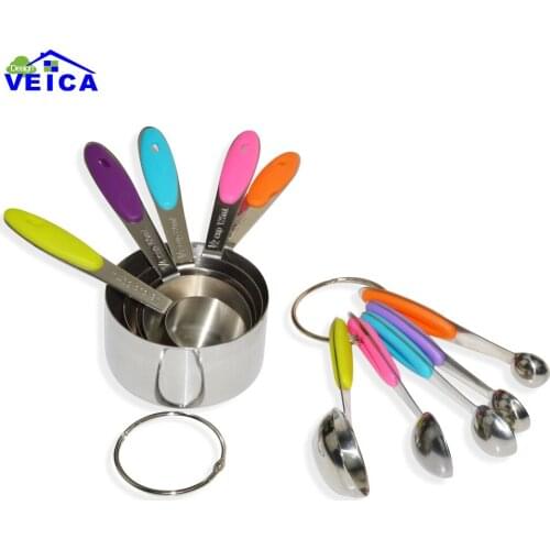 10pcs/set Colorful Professional Grade Stainless Steel Measuring Cups and Spoons Set with Soft Silicone Handles for Easy Grip