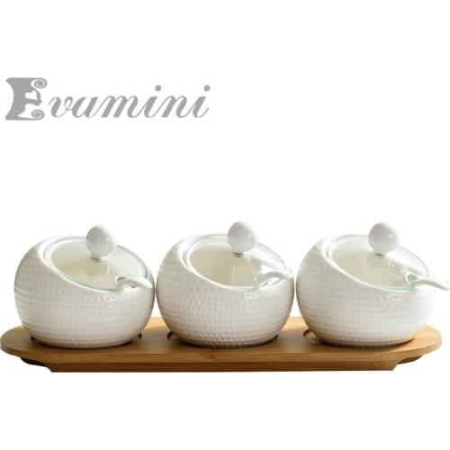 160-550mlx3pcs/Set Kitchen Ceramic Spice Box Set Glass Cover Wooden Tray Seasoning Jar Sugar Cans Kit Salt Storage