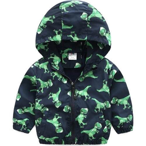 2020 Spring Autumn 2-10 Years Children Clothing Green Cartoon Dinosaur Print Zipper Hooded Baby Kids Boys Spring Jacket & Coat