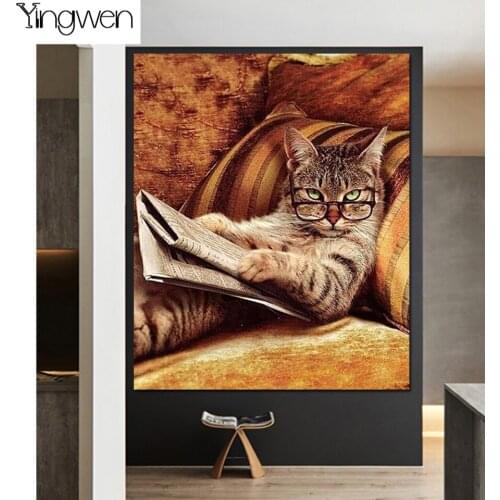 5D DIY Diamond Painting Cat Read Newspaper Full Diamond Embroidery Animal Cross Stitch Kits Rhinestones Mosaic Home Decoration