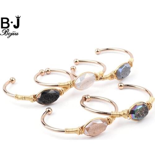 BOJIU Natural Druzy Stone Gold-color Cuff Bangles For Women Oval Wrapped Drusy Crystal Armlet Copper Manchette Bangle Lady BR036