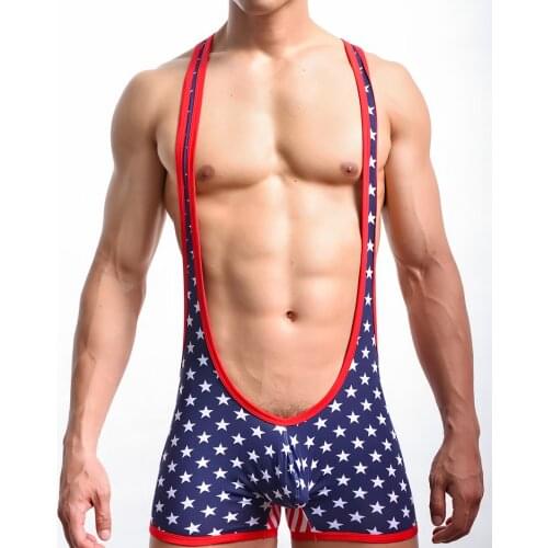 Fashion American Flag Men Sexy Stretch Cotton Suspenders Boxers Underwear Gay Male Conjoined Shorts Pants
