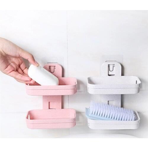 Hot Sale Bathroom Suction Cup Soap Holder Plastic Bracket Wall-Mounted Creative Drain Soap Storage Double Shelf