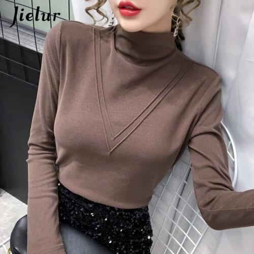 Jielur Turtleneck T shirt Women 8 Colors Thicken Long Sleeve Chic T-Shirts New Solid Color Warm Tee Korean Female T-shirt 2021