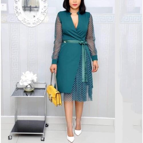 African Dresses For Women Fashion New Africa 2021 New Plus Size Long Sleeve v Neck High Waist A Line Elegant Office Work Clothes