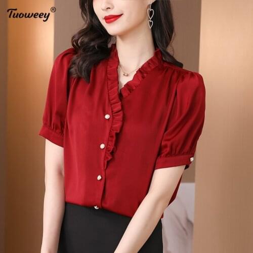 Plus Size red v neck Womens Blouses shirts Summer style Tops New office OL Blouse Loose shirt Short Sleeve Blusas