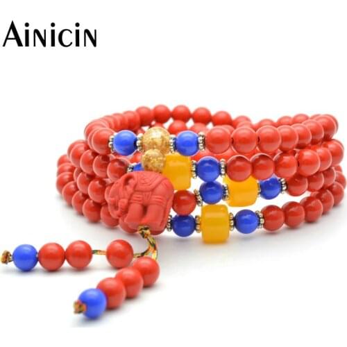 Red Color Semi-precious Stone Cinnabar Animal Charms Elephant Bracelets Blue Yellow Spacer Beads Jewelry For Men and Women Gift