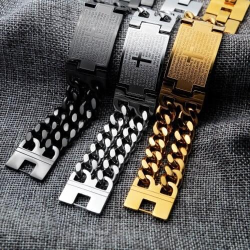 Spanish Bible Prayer Cross Jewish Mens Charms Letter Bracelet For Men Mens Stainless Steel Bracelets 2019 Pulseira Masculina