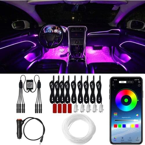 6 in 1 RGB LED Atmosphere Car Interior Ambient Light Kit Fiber Optic Strips Light By App Control DIY Music 6M Fiber Optic Band