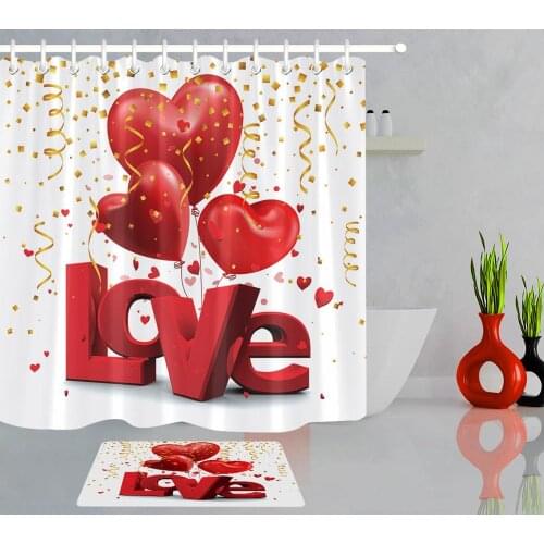 Valentines Day Shower Curtain Set and Mat Red Love Heart LOVE Word Bath Curtain with Hooks Bathtub Bathroom Curtains Home Decor