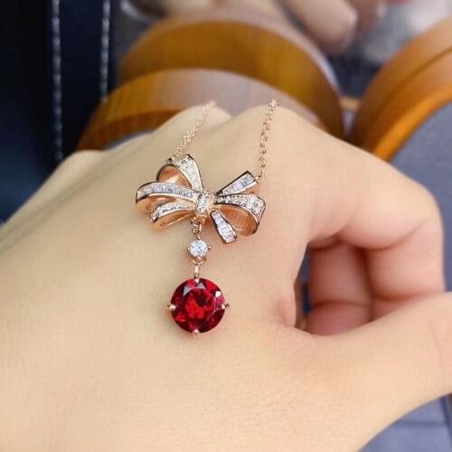 Natural red garnet Necklace natural gemstone Pendant Necklace S925 silver Elegant Romantic bowknot women party gift fine Jewelry
