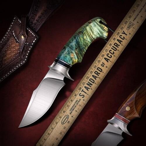 TURENZ Hunting Knife 14C28N Steel Stabilized Wood Handle EDC Camping Knife with Sheath Outdoor Tool Small Fixed Blade Knives