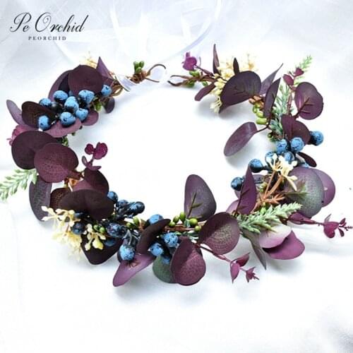 PEORCHID Bridal Wreath Garland Flowers Crown Purple Blue Handmade Hairbands Wedding Hair Accessories For Women Headpieces