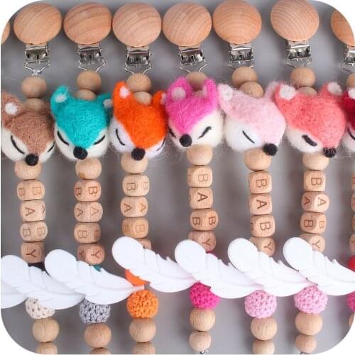 Personalized Name Pacifier Clips Beech Wood Fox Teether Holder For Infant Toddler Chewing Bracelet Clips BPA Free Teething Toy