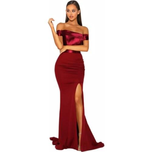 Off The Shoulder Maxi Dress Slash Neck Split Leg Stretch Pleated Satin Patchwork Floor Length Dress Night Mermaid Dress