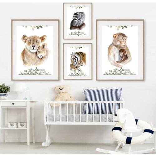 Lion Wolf Koala Tiger Fox Mom And Baby Posters And Prints Wall Art Canvas Painting Wall Pictures Kids Room Safari Nursery Decor