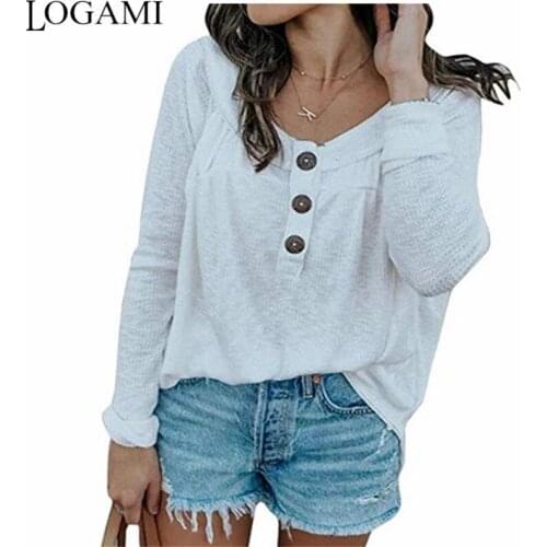 LOGAMI Button Long Sleeve Loose T Shirt Women O Neck 2020 Spring Summer T-shirts Woman Casual Tops