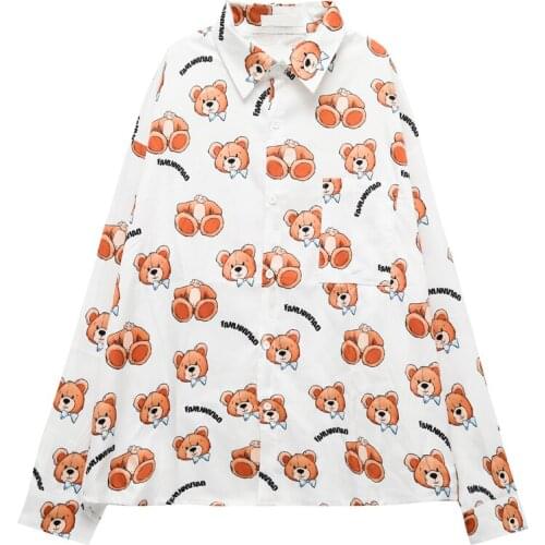 Harajuku Cartoon Pattern Shirt Women Vintage Loose Long Sleeve Blouse Cute Bear Print Shirt Plus Size Shirt Fashion Man Shirt