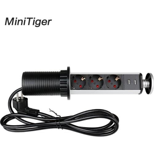 Minitiger 16A PULL POP UP 3 Power Socket 2 USB Charging Port Kitchen Table Desktop Sockets Retractable Countertops EU Plug
