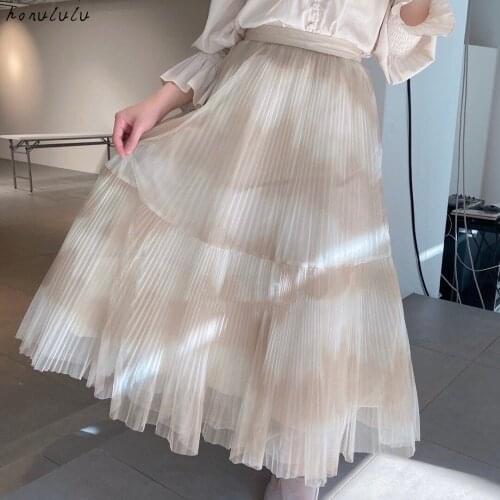 2021 spring and summer new product Japanese temperament, high waist, thin, large swing stitching ink and wash skirt women