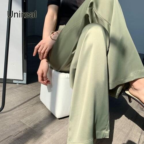 Unireal 2021 Summer Autumn Women Wide Leg Pants High Waist Satin Trousers Streetwear Fashion Silk Casual Pants