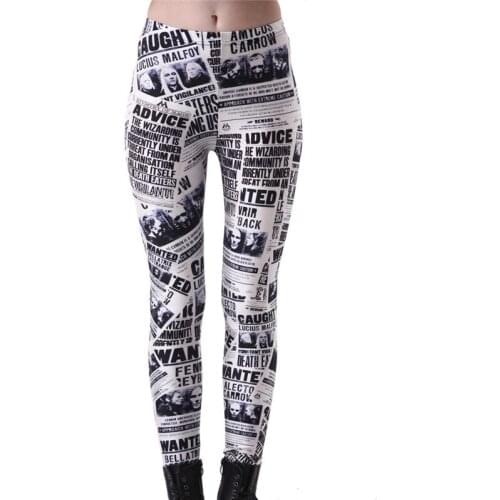 DOUBCHOW Womens Black Newpaper Print Leggings Pants 2018 Maiden Feminina Ankle Length Shiny Leggings Skinny Footless Plus Size