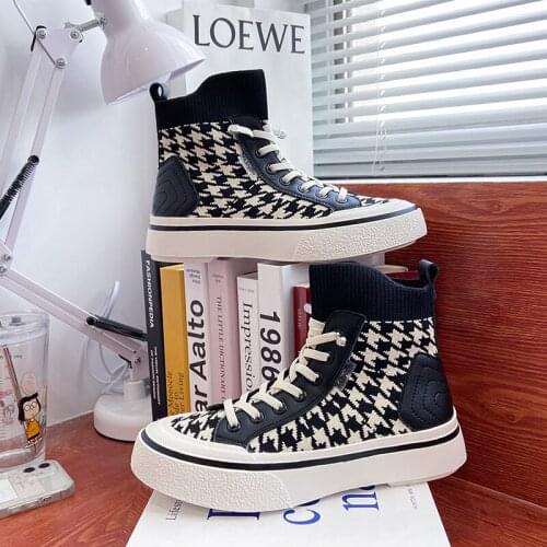 2021 High-top Low Genuine Leather+knitting Sneakers Lace Up Womens Casual Style Autumn Winter Shoes Womens Sneakers Black