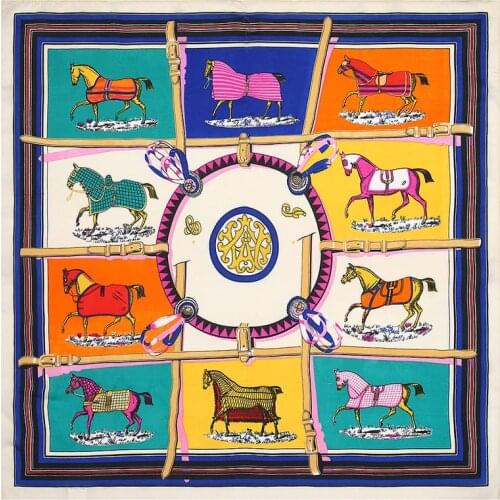 POBING Silk Scarf Woman Horse Print Square Scarves Luxury Bandana Small Hijab Foulards Lady Tie Headband Neckerchief 53x53CM