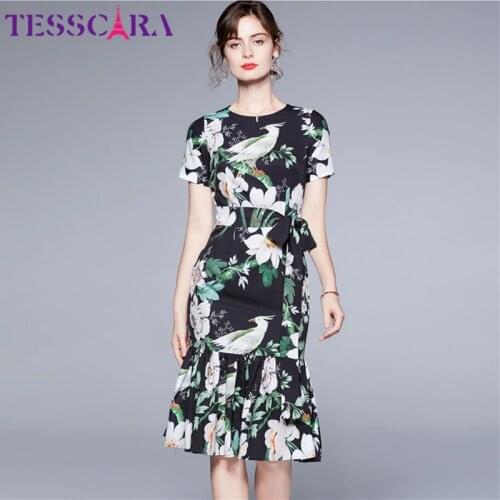TESSCARA Women Summer Elegant Dress Festa High Quality Vintage Trumpet Party Robe Femme Fashion Print Designer Casual Vestidos