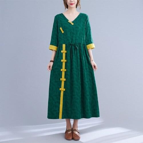 Johnature Women Chinese Style Dresses Cotton Linen V-Neck Half Sleeve Button Belt Long Dress 2021 New Summer Embroidery Clothing