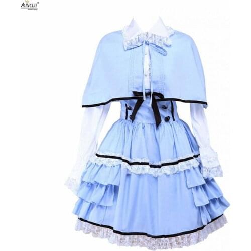 Ainclu XS-XXL Womens Blue White Ladylike Cotton Long Sleeves Ruffled Cape Lolita Outfit/Dress For Casual/Party/Halloween