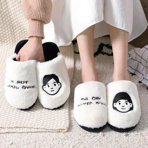 White Plush Cotton Slippers Female Winter Home Dormitory Student Couple Cute Cartoon Avatar Cotton Slippers Non-Slip Warm Shoes