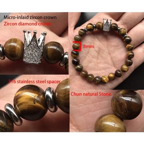 New mens and womens charm can drill zircon crown natural stone beads 316 stainless steel bracelet Bohemian couple gift