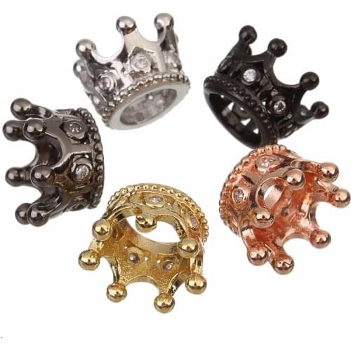 LOULEUR 2pcs Pave Cubic Zirconia Crown Beads For Bracelets Making Jewelry Diy Copper Crystal Rhinestone Charm Spacer Beads F5569