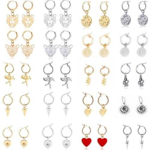 GEOMEE 1 Pair Trendy Simple Heart Leaves Animals Hoop Earrings For Women Cute Hollow Geometric Leopard Round Earrings Jewelry