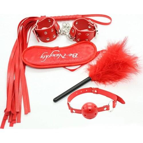 Leather Bondage 5pcs/Set Handcuffs Mouth Gag Ball Blindfold Flogger Whip Spanking Feather Slave Restraints Sex Tools For Couples