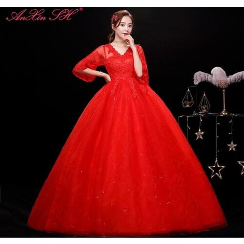 AnXin SH princess flower red lace ball gown wedding dress party vintage v neck half sleeve white lace up red wedding dress