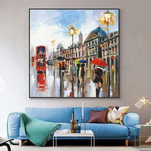 People Walking On The Street With Umbrellas Oil Painting 100% Hand Painted On Canvas Red Bus Building Wall Art For Home Decor