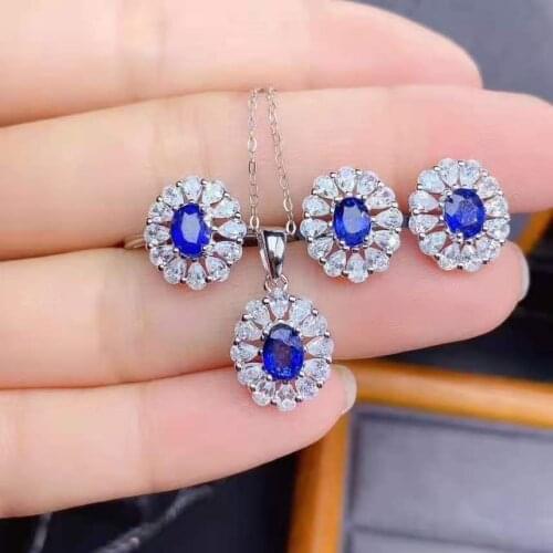 Natural Sapphire S925 Sterling Silver Flower Ring Pendant Necklace Earring Set Charming Fine Fashion Jewelry for Women MeibaPJFS