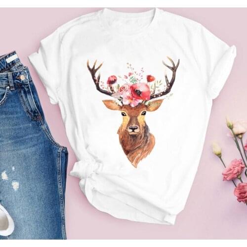 New Arrival Women Cute Deer Headband Flower Graphic Cartoon Printing Clothing Female T Shirt Womens T-Shirt Fashion Tops Lady