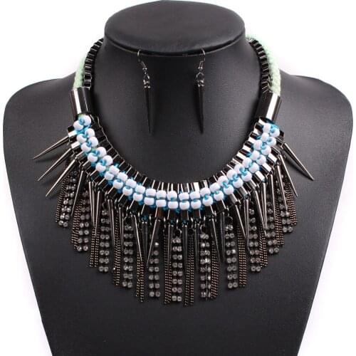New Design Fashion Cheap Punk Chunky Statement Rhinestone Spike Pendant Necklace with Earrings Set for Women Jewelry