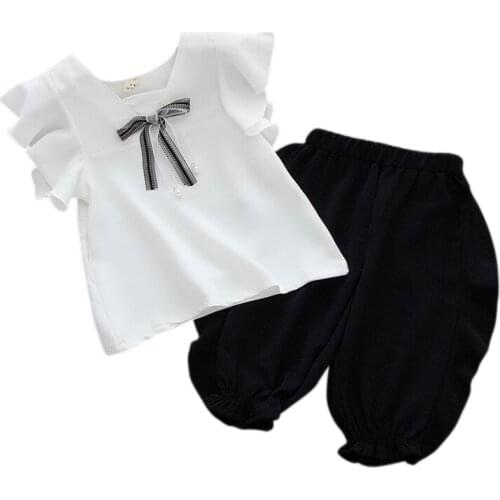 Baby Girl Clothes Summer Children Baby Girls Casual Fly Sleeve Bow Tops T-shirt+Short Pants Suits Costume Clothes For Girls