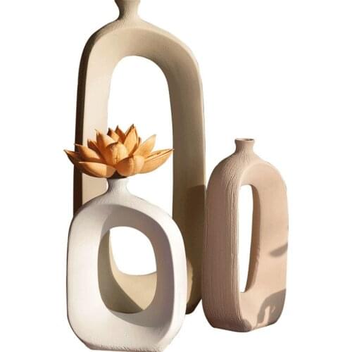 NORDIC SIMPLE CERAMIC STEM FLOWER HOLLOW CLOUD GATE VASE FLORAL ORNAMENTS HOME LIVING ROOM DECORATION X3274